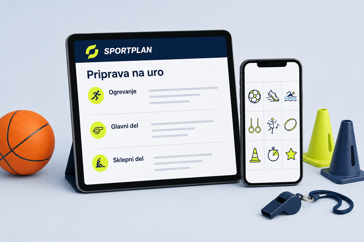 Prikaz priprave na uro v Sportplanu: ogrevanje, glavni del in sklepni del ter izbor športnih vsebin.